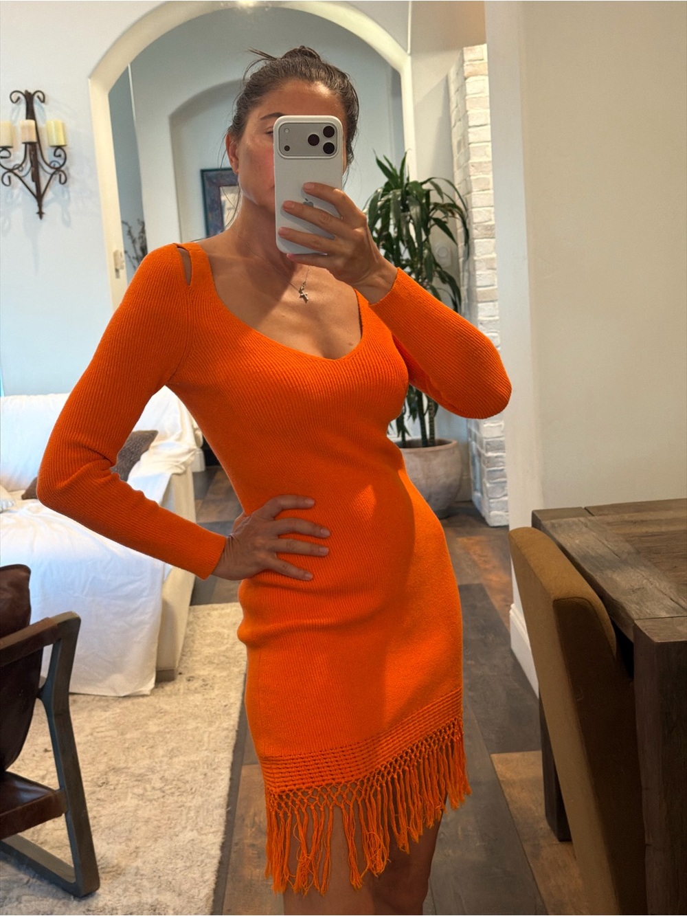 Derek Lam Vibrant Orange Fringe Long-Sleeve Knit Dress